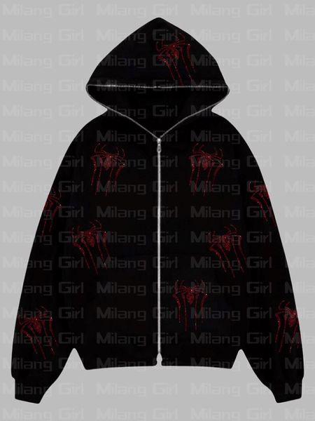 

street y2k hip hop spider pattern men's large hoodie zipper punk sports jacket men's clothing, Black