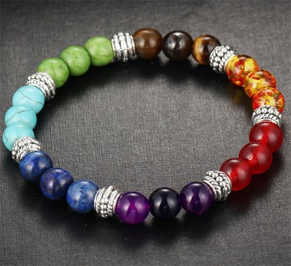 

new natural black lava stone bracelets 7 reiki chakra healing balance beads bracelet for men women stretch yoga jewelry8640115