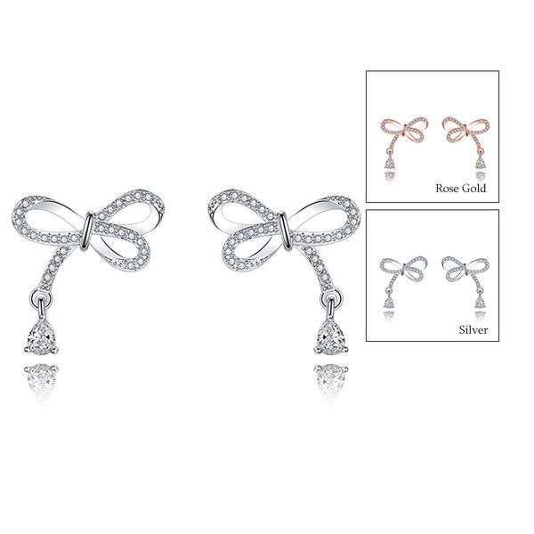

women fashion cz diamond bowknot earrings 2023 new designer ear studs wedding engagement jewelry gift earrings wholesale, Golden;silver