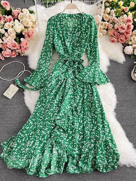 

basic casual dresses chiffon dress for women long sleeve party ruffles slim streetwear floral v neck flare spring summer 230706, Black;gray