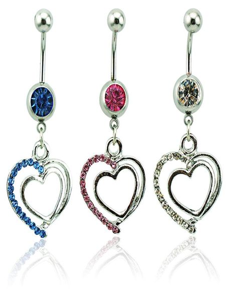 

body piercing fashion belly button rings 316l stainless steel barbells dangle rhinestone double heart navel rings jewelry6496737, Silver
