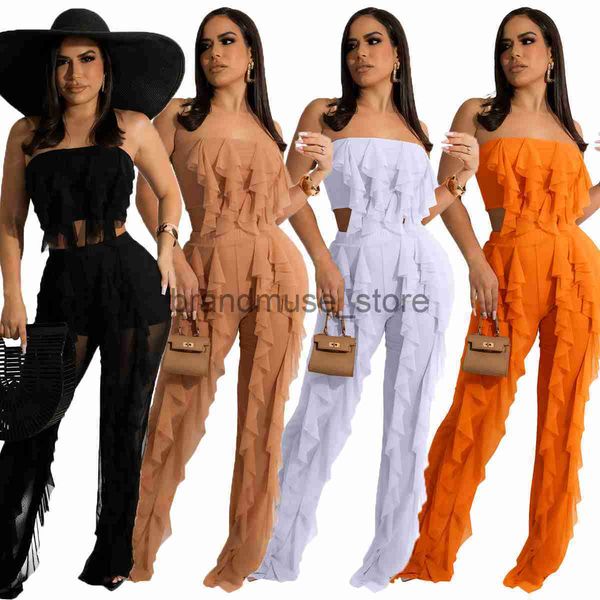 

casual dresses 2022 new mesh ruffles 2cps/set beach cover-ups women tube long pants bikini swimwear bathing suit cover up j230707, Black;gray