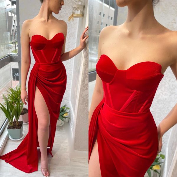 

red prom dresses sweetheart velvet evening gowns pleats slit formal long special occasion party dress, Black