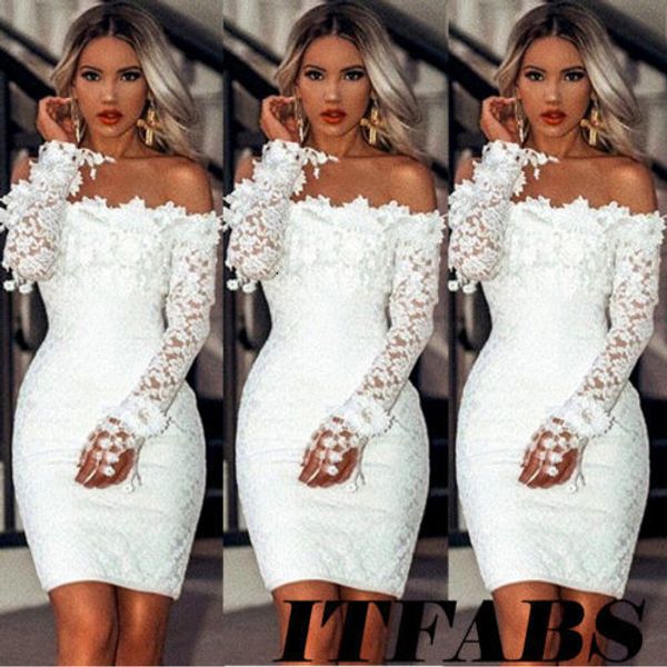 

basic casual dresses ladies white lace dress long sleeve women bodycon off shoulder wedding party clubwear evening short mini 230707, Black;gray