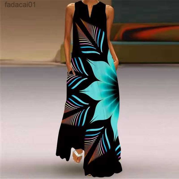 

classical boho printed dresses women casual sleeveless vneck maxi dress ladies elegant retro long party dresses beach vestidos l230621, Black;gray