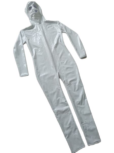 

womens jumpsuit white color pvc faux leather bodysuit cosplay costumes catsuit clubwear hood open eyes and mouth, Black
