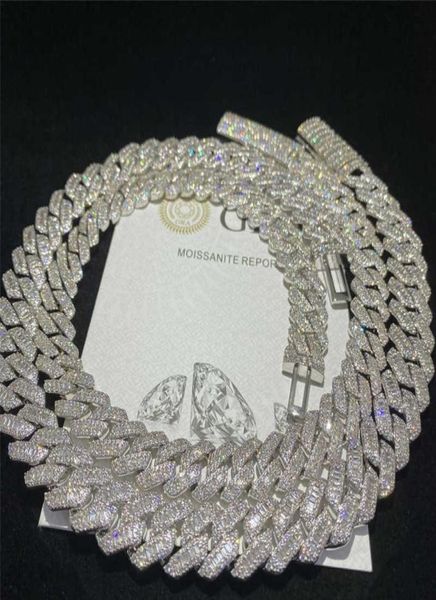 

15mm wide 925 sterling silver hip hop jewelry custom cuban link chain vvs baguette moissanite diamond cuban link chain5263420
