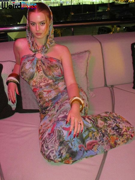 

urban dresses weird puss flamingo print hooded dress women sleeveless backless halter skinny maxi bodycon summer vacation party clubwear 230, White;black