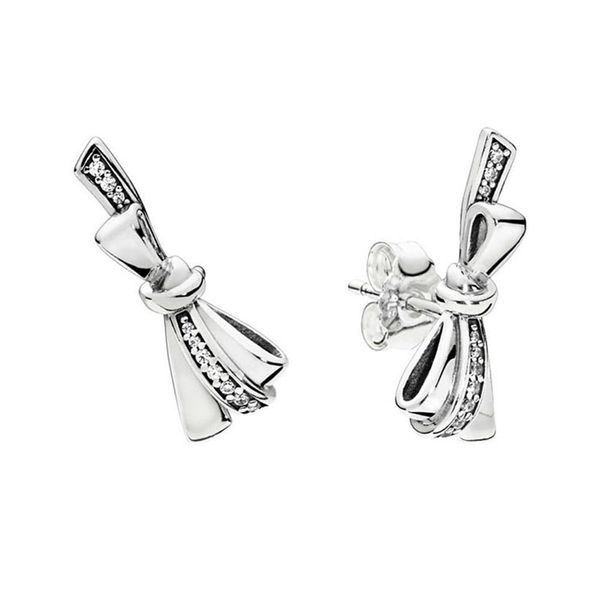 

sparkling bow stud earring for pandora real 925 sterling silver party jewelry designer earring set for women girls gift luxury earrings with, Golden;silver