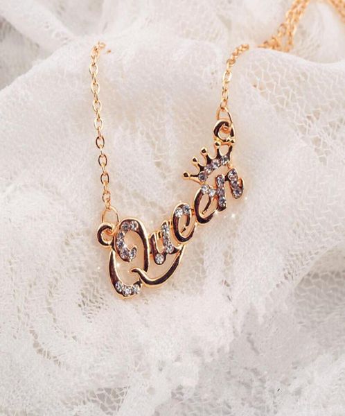 

fashion jewelry gold silver rose gold letter queen pendant shiny rhinestone clavicle chain necklace for women lady9685451
