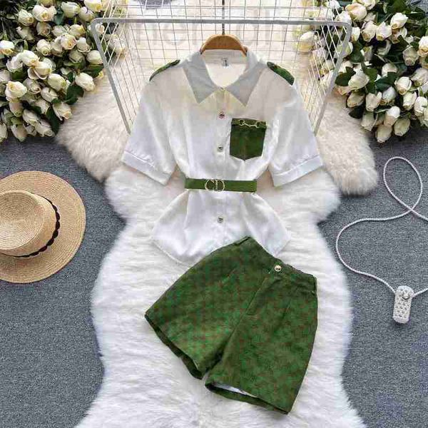 

women's tracksuits designer 2022 summer girls womens two piece pants suit sweet foreign style aging french lapel waist narrow short sle, Gray