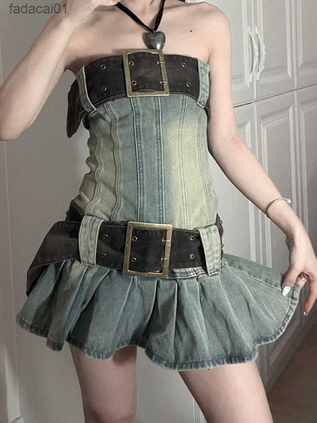 

y2k vintage women korean wrap chest belted pleated denim dress aesthetic fairy grunge high waist aline dresses alt clothes l230621, Black;gray