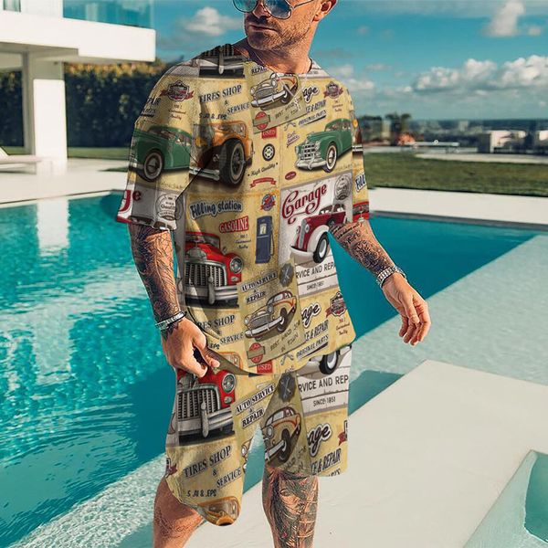 

mens tracksuits summer men casual beach clothing 3d printed set route 66 car tshirt oversized tracksuit oneck short sleeve 230706, Gray