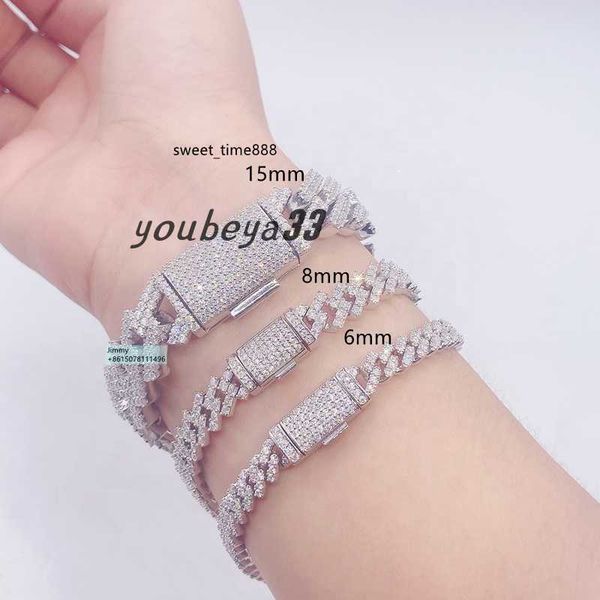 

hip hop style iced out jewelry 6mm 8mm 10mm 12mm 15mm width 925 sterling silver vvs moissanite cuban link chain bracelet