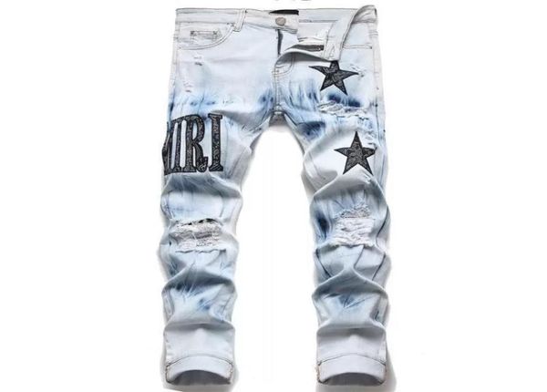 

men039s jeans european jean hombre letter star men embroidery patchwork ripped for trend brand motorcycle pant mens skinny3045283, Blue