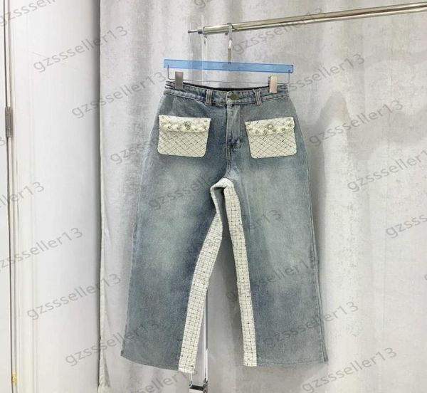 

jeans womens fashion tweed pockets patchwork denim trousers pearl sequins decoration high waist slim straight jean pants retro soc6491593, Blue