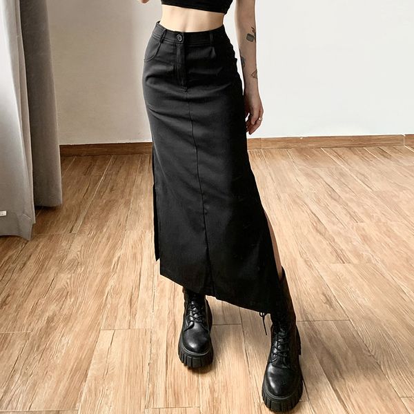 

skirts goth dark grunge casual tag split women midi skirts mall gothic punk high raise slim long skirt y2k fashion streetwear 230707, Black