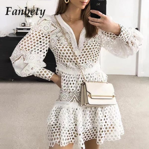 

urban dresses women elegant solid v-neck lace club party dress summer casual lantern long sleeve a-line dress ladies fashion hollow dresses, White;black