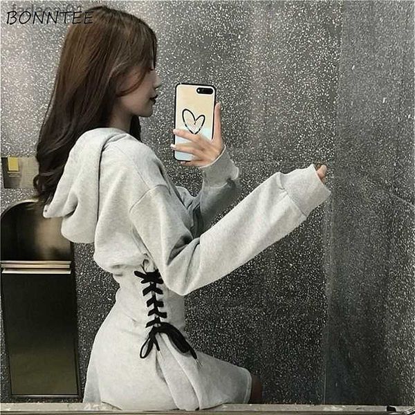 

long sleeve dress women gray classy slim popular stylish allmatch ins crisscross mini vintage solid hooded empire spring daily l230621, Black;gray