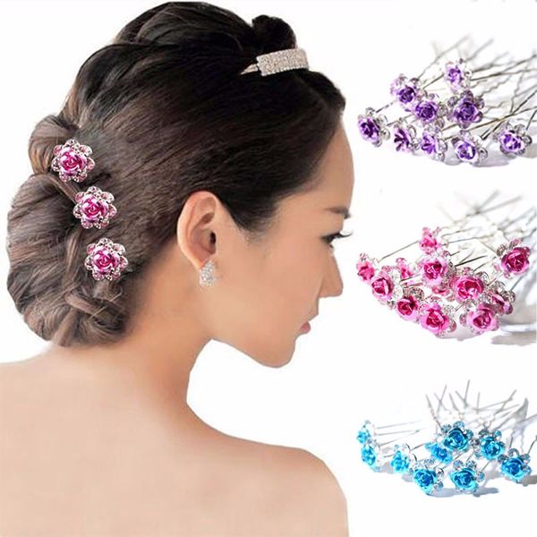 

20pc/pack wedding bridal clear crystal rhinestone rose flower hair clips hair jewelry barrettes headwear for women accessories, Golden;silver