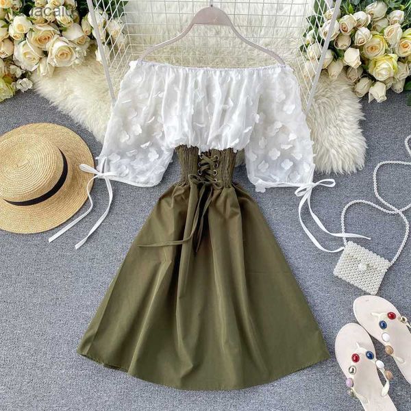 

2023 off shoulder patchwork summer short dress party flower chiffon slim waist lace up women casual aline beach dress l230621, Black;gray