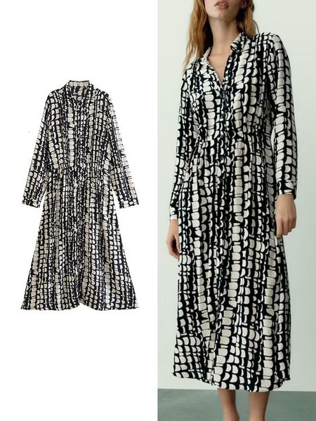 

basic casual dresses traf fashionsummer women printed long elegant single breasted aline sleeve midcalf vestidos 230706, Black;gray