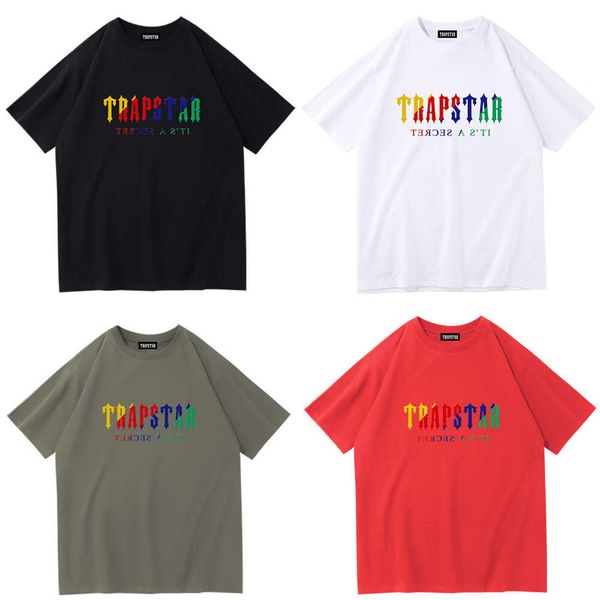 

men's trapstar rainbow letter gradient printing short sleeve t-shirt small round neck loose fitting trendy casual label, White;black