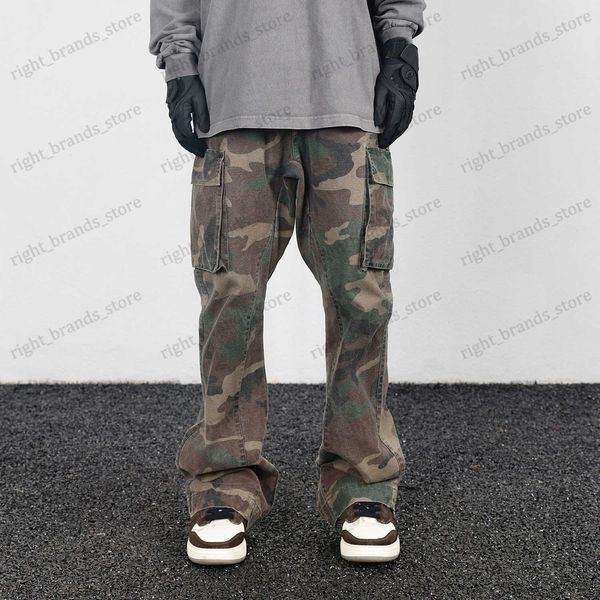 

men's pants 2023 camouflage micro flare pants fashionable streetwear camo cargo pants for male slim fit trousers women baggy casual clo, Black
