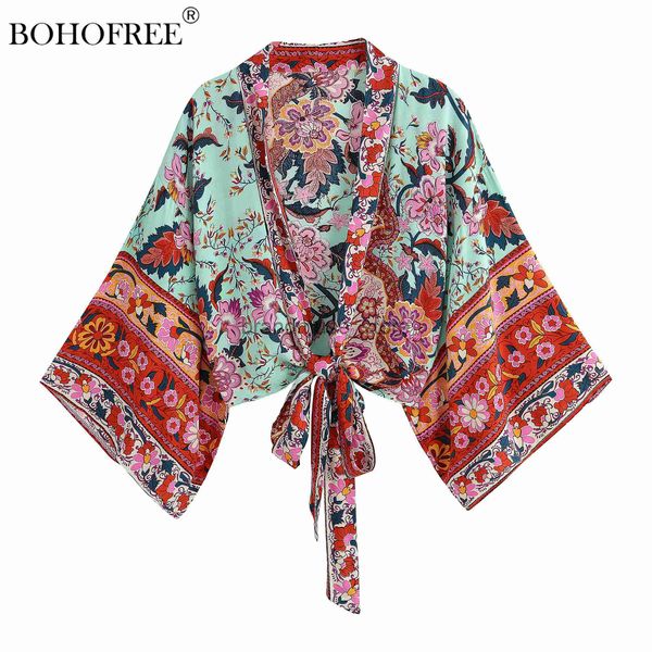 

casual dresses boho vintage floral print sashes short kimono women 2023 fashion ladies blouses casual v neck batwing sleeves bohemian cover-, Black;gray