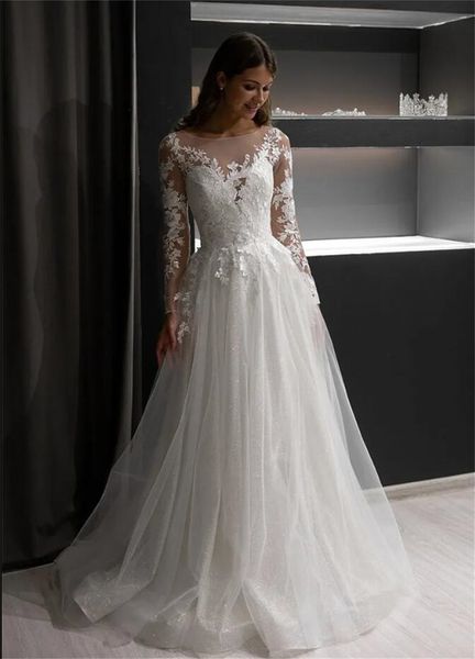 

amazing a line long sleeve sequins tulle wedding dress illusion back button bridal gowns ed554112, White