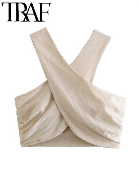 

women's tanks camis traf fans summer women tanks ruched crossover tied halte slim sleeveless backless bustier female crop y2k 230706, White