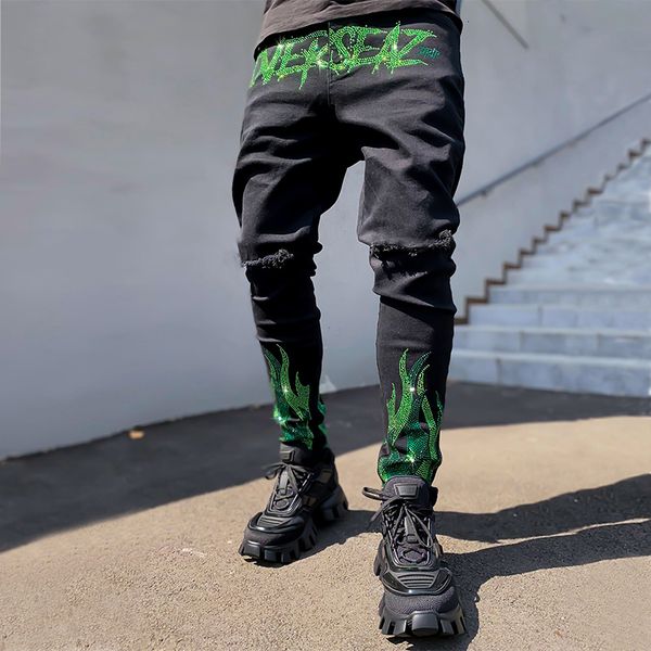 

mens jeans broken hole black drill pencil slim men street punk denim pants classic cowboys skinny young man biker trousers 230706, Blue