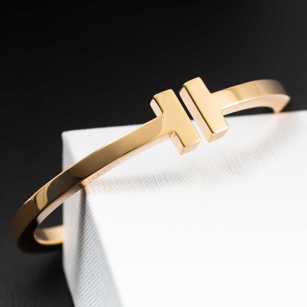 

selling item double t open diamond 18k rose gold bracelet large v thick plated heavy duty men's and women's light luxury style, Black