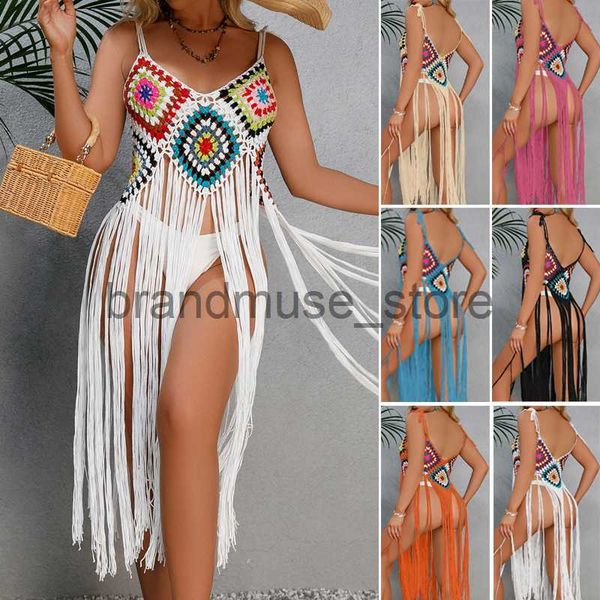

casual dresses 2023 new crochet bohemia long fringe tassel beach cover-ups dress women bikini swimwear bathing suit cover up beachwear j2307, Black;gray