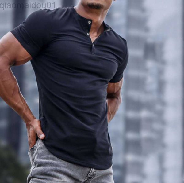 

men's t-shirts men's spring and summer henley stretch slim solid color daily casual short-sleeved t-shirt l230707, White;black