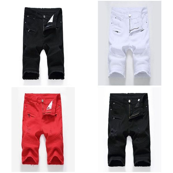 

men's jeans zipper elastic slim fit casual cotton white black shorts perforated men's middle pants size 28-42 gz0ksh06, Blue