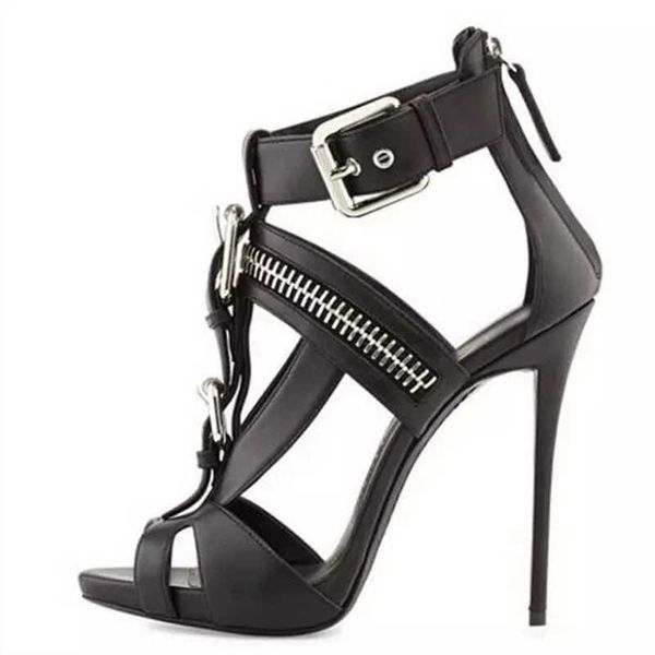 

ins show stage fashion metal buckle zipper fish mouth slim high heel single shoe sandals, Black