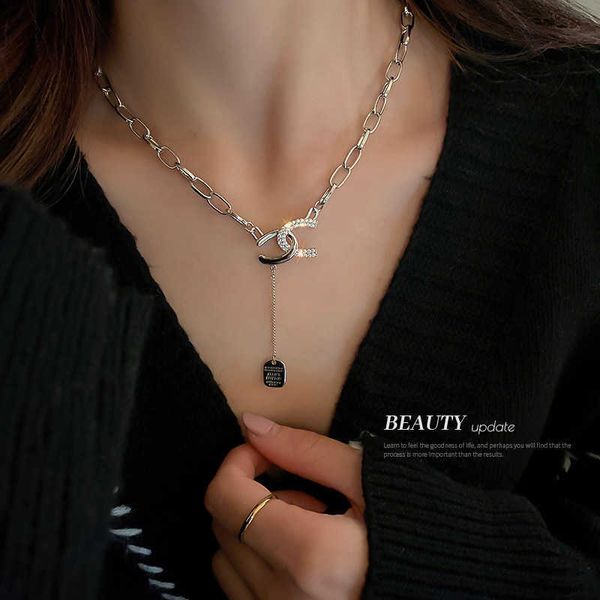 

korean zircon letter square brand design sense sweater chain female autumn and winter ins metal cool style personalized necklace, Silver