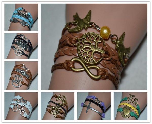 

infinity tree bird bead friend bike handmade braided leather charm bracelets bangles weave punk rock woman male jewe5086884, Golden;silver