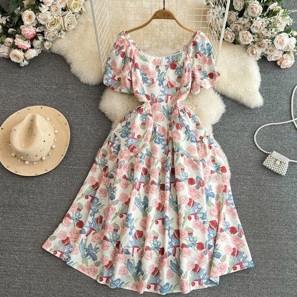 

summer french first love dress gentle and sweet short sleeve square neck slim mid length a-line print dress, Black;gray