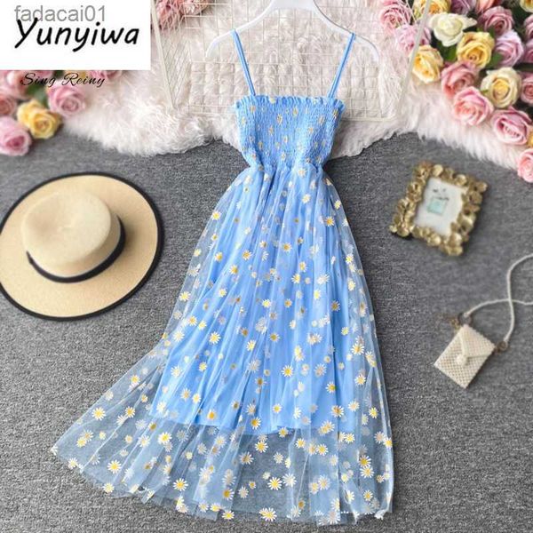 

women daisy print dresses summer lace mesh dress spaghetti strap ruched floral vestidos korean style long dress l230621, Black;gray