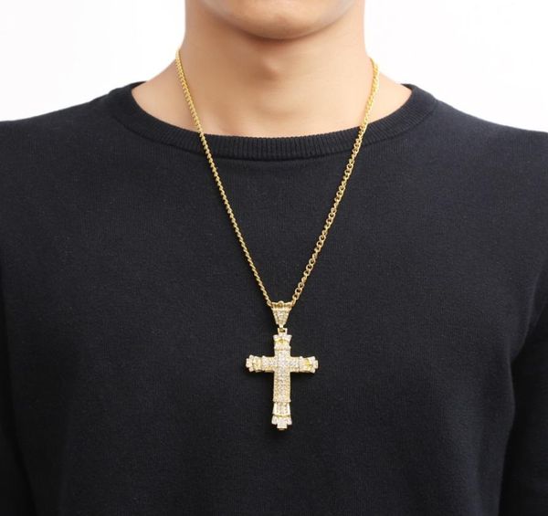 

geometric rhinestone big cross pendant necklace for men hip hop long gold plated sweater chain fashion alloy jewelry accessories w4876780, Silver