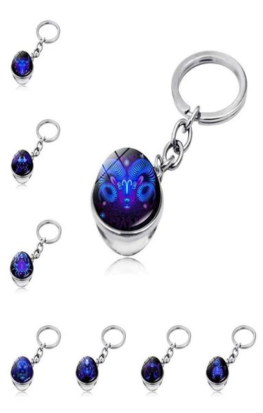 

12 zodiac signs keychain fashion metal double side glass ball key chain holder couples keyring rings gifts constellation jewelry a6076956, Slivery;golden