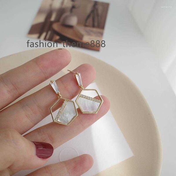 

dangle earrings rkr exquisite hexagon drop for women imitation shell crystal gold color brass 2023 geometric fashion jewelry, Silver