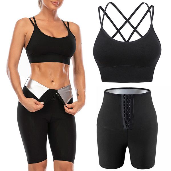 

womens shapers sauna shaper pants set with sports bra body shaper sweat sauna effect slimming fitness shapewear leggings workout gym shorts, Black;white