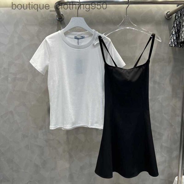 

designer casual dresses for women summer new classic black and white contrast p triangle t shirt two piece set dress slim waist a line dress, Black;gray
