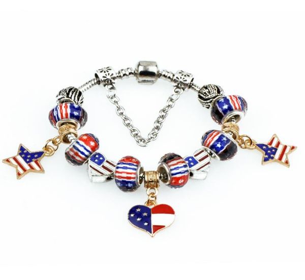 

heart design bracelets us flag star charms jewelry for girls women vintage silver crystal handmade fashion beads bangles bracelet7178522, Golden;silver
