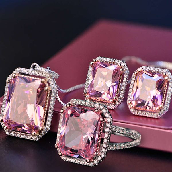

sier jewelry sets pink quartz cubic zircon ring earrings pendant necklace jewelry set wholesale fine jewelry, Slivery;golden