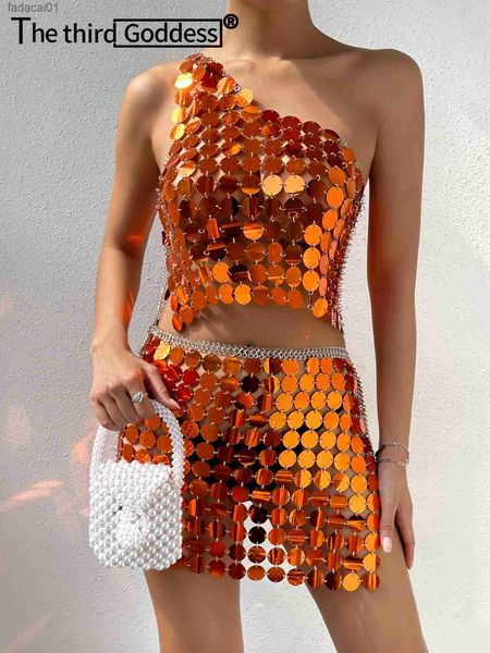 

metal sequin slip mini summer dress women 2023 see through beach dress sets one shoulder glitter club party dresses vestido l230621, Black;gray