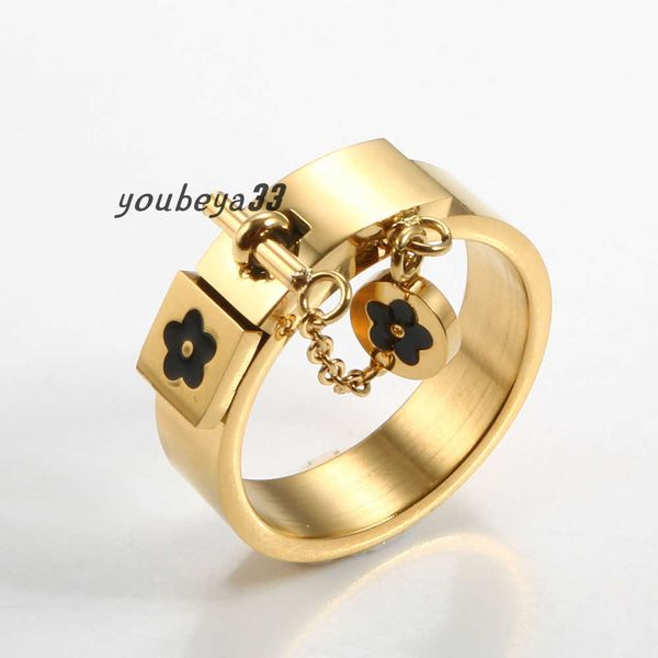 

fashion lucky flower charm with chain ring gold/sliver stainless steel love promise finger rings for women men jewelry gift, Silver